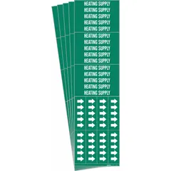 Green adhesive pipe markers with white legend text reading 'Heating Supply' and directional arrows. Each marker fits 3/4 in and smaller pipe outer diameter. Sold in a pack of 3 markers, with 5 packs per order. Used for identifying heating supply lines in piping systems.
