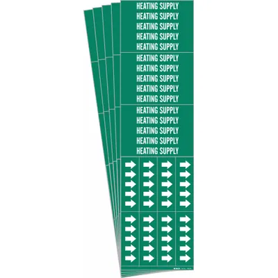 BRADY Pipe Marker: Heating Supply, Green, White, Fits 3/4 in and Smaller Pipe O.D. - Heating Supply Adhesive Pipe Markers