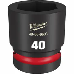 Metric 6-point impact socket with 1" drive and 40 mm size. Black phosphate finish. Friction ring retention. For use with impact tools on heavy-duty fastening applications such as industrial maintenance, construction, and equipment assembly.