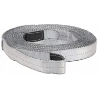 This recovery strap is made of silver polyester and measures 30 feet in length. It is used for towing or extracting stuck vehicles in off-road, construction, or roadside assistance applications