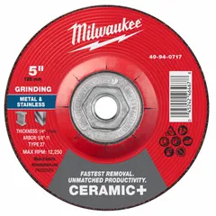 This MILWAUKEE grinding wheel is a Type 27, 5" x 1/4" x 5/8"-11, ceramic abrasive wheel with 24 grit. Designed for cool cutting on carbon and stainless steel, it is used in metal fabrication, welding preparation, and general maintenance tasks where reduced heat buildup is desired.