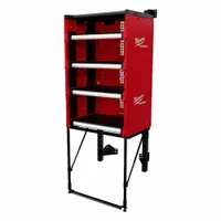 Steel workshop racking system with four shelves, finished in black. Measures 27 5/16 in W x 21 in D x 70 in H. Used for organizing tools and equipment in industrial or facility settings