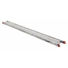 This aluminum ladder plank provides a stable platform for elevated work. With a maximum overall length of 24 ft and a width of 12 in, it is suited for use as a walking and working surface in scaffolding applications during construction, maintenance, and industrial tasks.