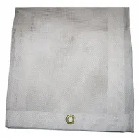 Standard-duty mesh tarp made of 5 mil vinyl with a white PVC-coated finish, weighing 10 oz/sq yd. Measures 9.5 ft long by 7.33 ft wide. Suitable for covering equipment, materials, or loads in industrial and construction settings, providing weather resistance while allowing airflow