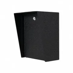 Black powder-coated carbon steel cover housing for gate operator access control devices. Accommodates card readers and includes a cam lock. Overall height 10 in with a 6 x 8 in footprint. Suitable for outdoor gate applications.