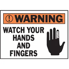 Polyester adhesive signs, 0.01 in thick, with nominal size 3 1/2 in x 5 in. Not retroreflective or glow-in-the-dark. Used to alert personnel to keep hands and fingers clear of machinery in industrial settings. Supplied in a 5-pack.
