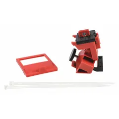 Clamp-on lockout for securing single-pole circuit breakers in the off position during maintenance. Rated for 480/600V AC and includes a cable tie slot for use with standard nylon cable ties. Prevents accidental re-energization in industrial lockout/tagout procedures.