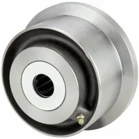 This single-flange track wheel is made of steel with a gray finish. It has a 5-inch wheel diameter, 2 1/8-inch wheel width, and a load capacity of 4,300 lb. Commonly used in material handling systems such as overhead cranes, monorails, and conveyor tracks
