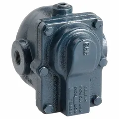 This cast iron in-line float and thermostatic steam trap automatically drains condensate from steam lines while preventing steam loss. It features a 1/2 in FNPT connection, maximum capacity of 1,200 lb/hr, and maximum pressure of 15 psi. The stainless steel float and horizontal installation design make it suitable for low-pressure heating and process applications requiring continuous condensate removal.