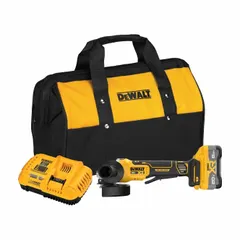Cordless angle grinder with brushless motor, barrel grip, and anti-rotation brake. Accepts 5 in or 4-1/2 in wheels. Powered by a 20V DC battery system with 8.0 Ah capacity. Suitable for cutting, grinding, and surface preparation on metal and masonry in fabrication, maintenance, and construction tasks.