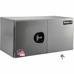 This double barn-door box from BUYERS PRODUCTS is designed for underbody truck storage. It features a silver finish, an 18-inch overall depth, and a keyed lock for security. Suitable for securing tools and equipment in fleet and vehicle maintenance applications.