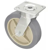 This swivel plate caster features an 8-inch diameter rubber wheel with a 2-inch width, slot mounting, and ball bearings for smooth rotation. It is designed for general-purpose material handling equipment such as carts, racks, and light industrial platforms. The rubber wheel provides floor protection and quiet operation in warehouses, workshops, and retail environments