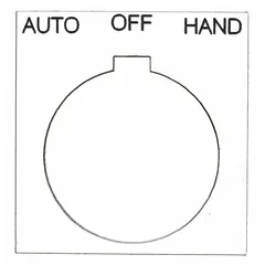 Square non-metallic plastic legend plate for 30 mm panel mounting. Overall height and width 1 13/16 in. White background with black legend reading 'Auto-Off-Hand' in English. Used to label push-button stations in industrial control panels.