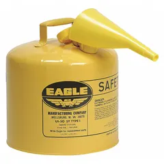 This EAGLE Type I safety can is designed for storing and dispensing diesel fuel. It has a 5-gallon capacity and is constructed from powder-coated steel. The can includes a funnel for controlled pouring. Typical applications include use in maintenance shops, construction sites, and industrial facilities where safe handling of combustible liquids is required.