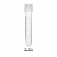 Polypropylene culture tube with 14 mL capacity, round bottom, and colorless body. Graduated for volume measurement and includes colorless caps. Suitable for culturing, mixing, and storing biological samples in laboratory settings