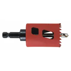 This hole saw with attached arbor cuts clean holes in wood, metal, and plastic. It features a 1-1/4-inch diameter, 5/6 teeth per inch, a maximum cutting depth of 1-7/8 inches, and a 5/8-18 thread size. Suitable for general construction and installation tasks requiring precise circular openings.