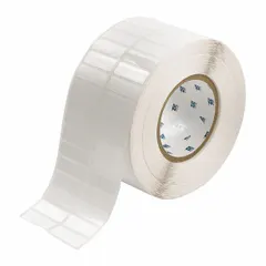 Thermal transfer precut label roll measuring 1/2 in x 1 1/2 in. Features a rubber, aggressive/permanent adhesive for bonding to various surfaces. Halogen-free material suitable for environments requiring low-smoke, zero-halogen compliance. Compatible with BBP11 printer series.