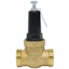 This bronze water pressure regulator reduces and stabilizes incoming water pressure in plumbing systems. It features 3/4 inch FNPT x FNPT connections, a maximum operating temperature of 140°F, and is low-lead compliant. No union is included.