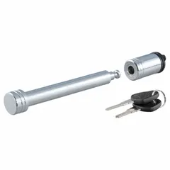 This receiver lock is constructed from steel with a chrome-plated silver finish. It includes two keys and is used to secure trailer receivers, helping prevent theft or accidental detachment in towing applications.