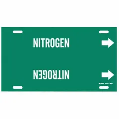 Green strap-on pipe marker with white legend reading 'Nitrogen', designed for pipes with outer diameter 6 to 7-7/8 inches. Includes directional arrows to indicate flow direction. Used for identifying nitrogen lines in industrial piping systems.