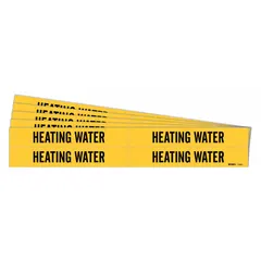 Yellow adhesive pipe marker with black 'Heating Water' legend, designed for pipes with outer diameter 3/4 to 2-3/8 inches. Each pack contains 4 markers without arrows, supplied in a 5-pack. Used to identify heating water lines in piping systems for clear visual indication.