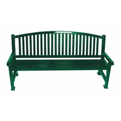 Thermoplastic coated steel bench with green seat and frame. Overall length 48 in, overall height 39 1/8 in. Suitable for outdoor seating in parks, campuses, and commercial landscapes.