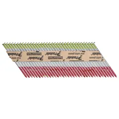 Collated framing nails, 3 in overall length, plain finish, flat head, smooth shank, diamond point. Pack of 2,500. Used for structural framing, sheathing, and decking in wood-to-wood construction.