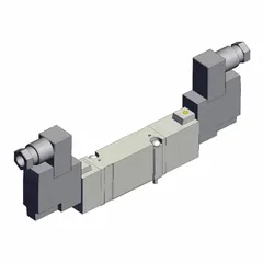 This SMC SY7000 Series solenoid valve is a double solenoid, five-way/three-position directional control valve with closed center. It features 5 ports, 24V DC operation, spring return to center, DIN solenoid connector, internal pilot, and non-locking manual override. Typical applications include directing compressed air in automated pneumatic systems for industrial machinery, packaging lines, and assembly equipment.