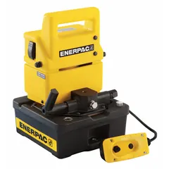 This corded electric hydraulic pump unit delivers a maximum operating pressure of 10,000 psi and a maximum flow rate of 20 cu in/min, powered by a 1/2 hp motor. It features a 4-way valve for retract operation. Typical applications include powering single-acting or double-acting cylinders in maintenance, construction, and manufacturing settings where portable hydraulic force is required.