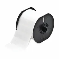 Vinyl wraparound label with white matte finish, precut to 15/16 in x 3/4 in. Designed for wire gauges 18 AWG to 8 AWG. Compatible with BBP33 printer series; requires ribbon B30-R4300. Used for permanent identification of wires in industrial panel building, electrical maintenance, and cable marking
