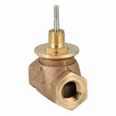 Bronze body globe valve with stainless steel stem and brass seat. 3/4 in female NPT connection, 7.3 CV flow, normally open, stem down to close. Used for modulating or on-off flow control in hydronic heating and cooling systems.