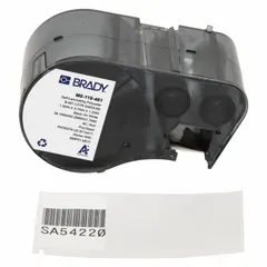 Thermal transfer precut label roll cartridge combining label and ribbon in one unit. Produces black-on-white rectangle labels measuring 1 1/2 in x 3 3/4 in. Withstands temperatures from -321°F to 230°F. Compatible with BMP51 printer series. Used for labeling vials and tubes in laboratory and industrial sample identification.