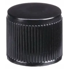 Black phenolic screw cap with a PTFE-faced rubber liner, sized 15-415 mm for narrow-mouth laboratory containers. Autoclavable for repeated sterilization. Suitable for sealing glassware in chemical or biological applications.