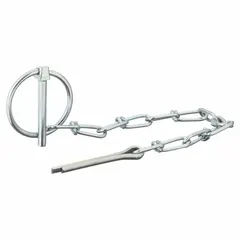 Lynch pin with attached chain for securing clevis pins, hitch pins, and other fasteners in agricultural, construction, and industrial equipment. Steel construction with 3/16 in shank diameter and 1 1/4 in usable length. Supplied in a pack of 5.