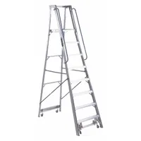 This 8 ft aluminum platform stepladder has a 300 lb load capacity and weighs 68 lb. It includes casters for rolling mobility, allowing the user to move the ladder without descending. Suitable for industrial maintenance, construction, and warehouse tasks