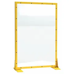 Freestanding single-panel room divider with a transparent yellow polycarbonate panel, 48 inches high by 48 inches wide. Steel frame with baked enamel finish. Suitable for creating temporary visual separation in industrial or commercial spaces, allowing light transmission while defining zones.