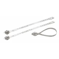 Aluminum strap seals with 8 1/2 in length and 1/4 in width, breaking strength of 125 lb. Each seal is laser marked with 'Sealed' and sequential numbers in silver. Supplied in packs of 100. Used for tamper-evident securing of equipment, parts, and supplies in industrial settings.