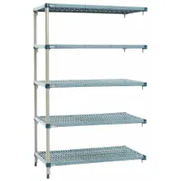 This stationary shelving unit features a steel frame with five polymer shelves. The shelves incorporate antimicrobial resistance properties to inhibit microbial growth. Shelf adjustment is quick and tool-free. Typical applications include hygienic storage in environments where sanitation and corrosion resistance are required