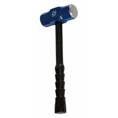 Steel sledge hammer with a fiberglass handle, 8 lb head weight, 2 1/2 in diameter, and 16 in overall length. Used for heavy demolition, driving stakes, and breaking concrete or masonry in construction and industrial maintenance.