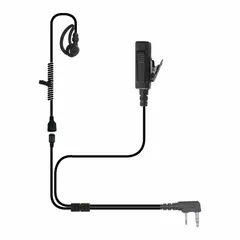 This earpiece is designed for two-way radio communication with Kenwood TK-2300 series radios. It features a two-pin connector, push-to-talk function, and a shirt/lapel microphone with two wires. The black earbud allows discreet audio monitoring and transmission, suitable for hands-free operation in various professional settings.