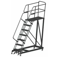 Fixed-height rolling platform with a 24 in x 48 in steel deck, 800 lb load capacity, and handrails. Foot-activated step lock secures position during use. Suitable for elevated maintenance, assembly, and stock picking tasks.