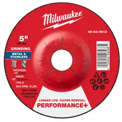 This MILWAUKEE Type 27 grinding wheel is designed for high-performance grinding on carbon and stainless steel. With a 24-grit zirconia alumina construction, it provides fast material removal and extended life. Common applications include weld preparation, deburring, and surface blending in metal fabrication and maintenance tasks.