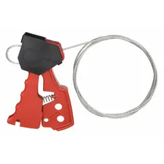 This squeeze-handle cable lockout includes a 6 ft galvanized steel cable with clear finish, housed in a red nylon body. It is used in lockout/tagout procedures to isolate energy sources by securing multiple isolation points with a single device.