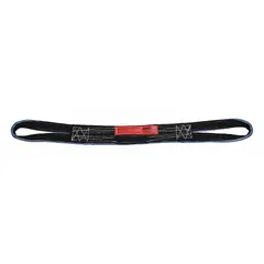 This 1-ply polyester web sling features a reverse-eye design for abrasion resistance, with a sling length of 5 ft, width of 2 in, and eye length of 9 in. Fully sewn construction. Used for lifting and rigging in industrial settings where contact with sharp edges or rough surfaces occurs.