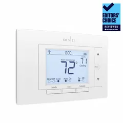 Push-button thermostat for heat and cool applications in residential and light commercial buildings. White housing with fully customizable 7-day programming, smart alerts, and humidification control. Features Y2 terminal designations and auto-on fan settings.