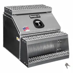 This single flip-up door truck step box provides secure storage and a step for accessing the truck bed or roof. It features a keyed lock and T-handle latch. The box is finished in silver.