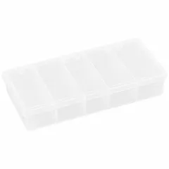 Clear plastic compartmented box with five fixed compartments, each measuring 1-5/16 in x 3-3/16 in. Not electrostatic discharge conductive. Suitable for organizing and storing small parts such as screws, nuts, beads, or craft supplies in workshops, garages, and hobby areas.