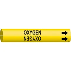 Yellow snap-on pipe marker with black legend reading 'Oxygen' and directional arrows. Fits pipe outer diameters of 4 to 6 inches. Used to identify oxygen lines in industrial piping systems, aiding compliance with pipe-labeling standards.