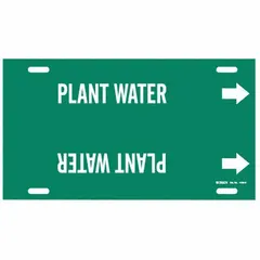 Green pipe marker with white legend reading 'Plant Water' and directional arrows. Fits pipe outer diameters of 10 to 15 inches. Single marker for strap-on installation on industrial piping systems to identify plant water lines and flow direction.