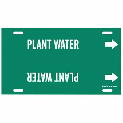 BRADY Pipe Marker: Plant Water, Green, White, Fits 10 to 15 in Pipe O.D., 1 Pipe Markers - Plant Water Strap-On Pipe Markers